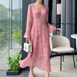 Floral Print Flounce Full Sleeve Ruffle Hem Midi A-line Lightweight Pink Dress